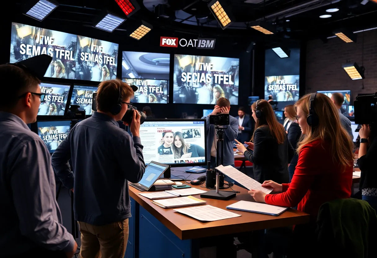 A busy newsroom environment showcasing collaboration among journalists.