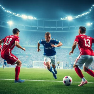 Football players competing fiercely on the field during a close game