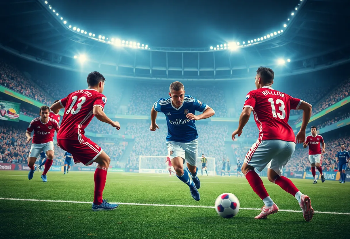 Football players competing fiercely on the field during a close game