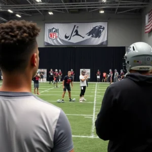 NFL team conducting player evaluations during a workout session in a training facility