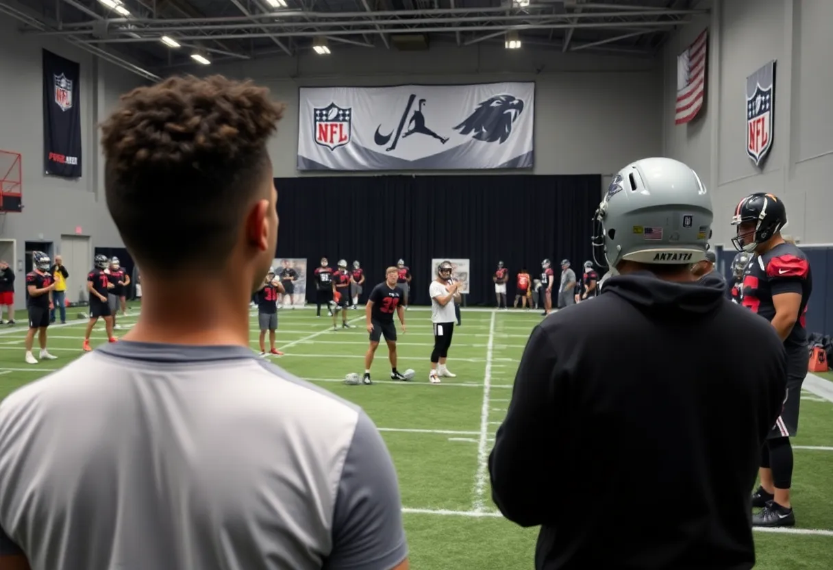 NFL team conducting player evaluations during a workout session in a training facility