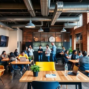 Interior view of P30 co-working space with people collaborating.