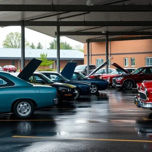 A rainy day at Ralston High School's car show with classic cars