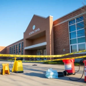 Caution signs and cleanup efforts at Riverside University High School after a chemical spill.