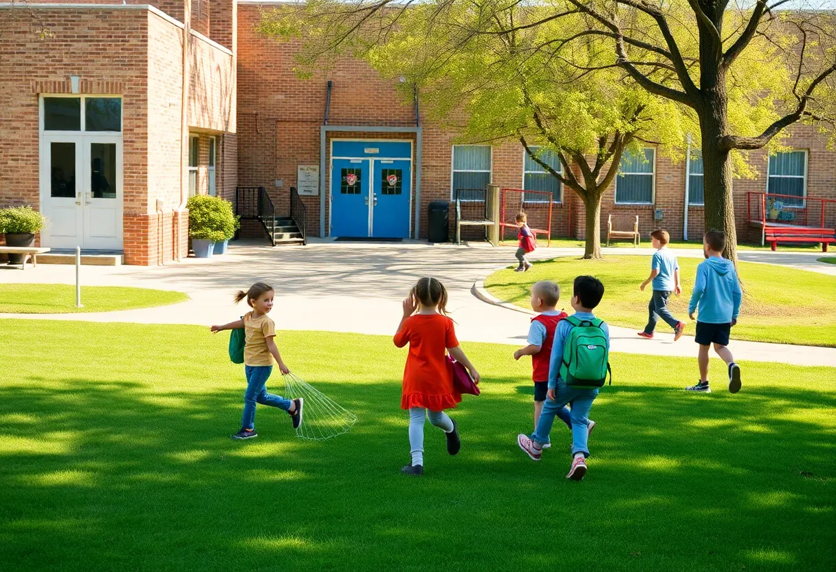 Children playing outside a school in Idaho Falls, representing safety.
