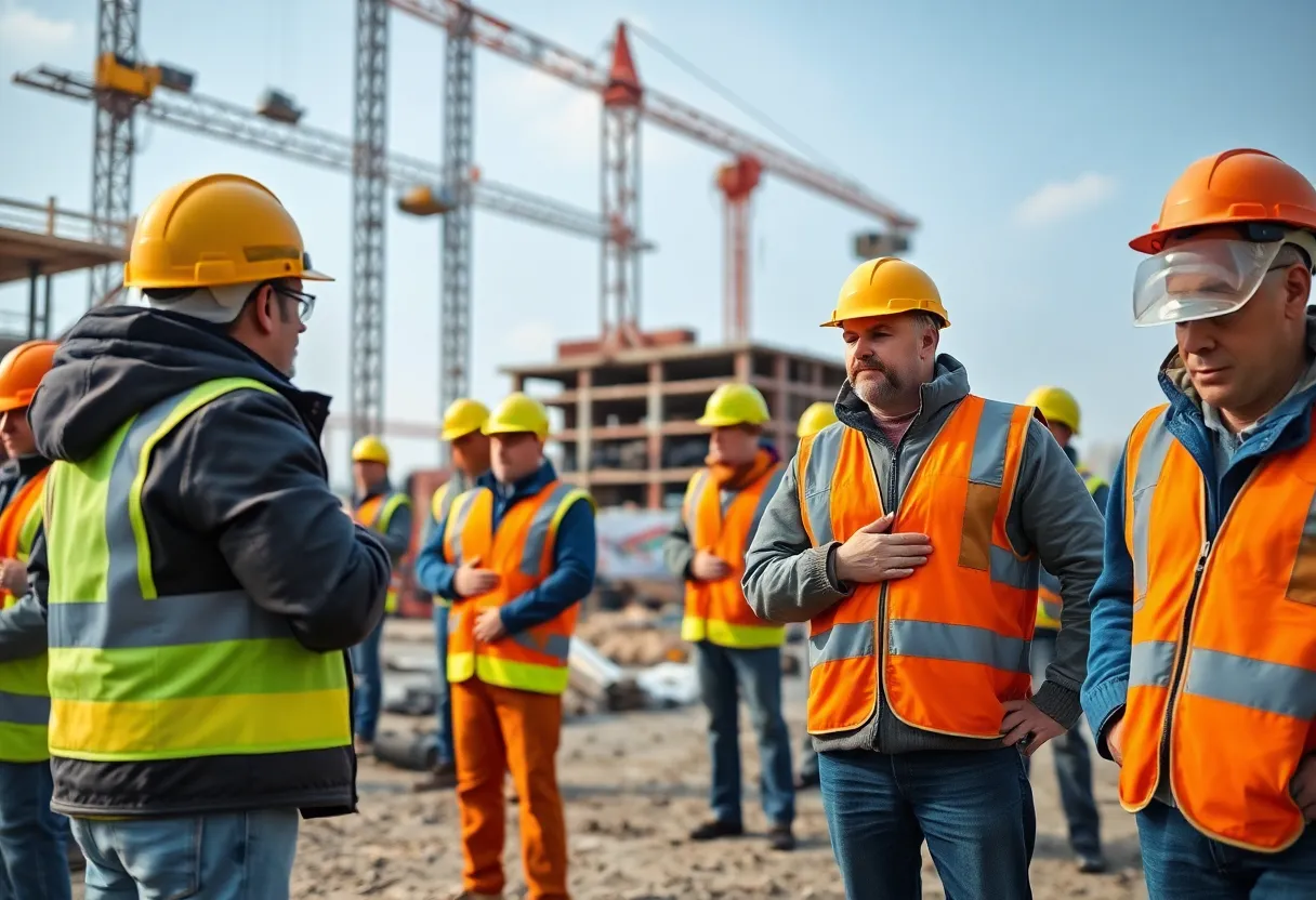 Construction workers observing a moment of silence for safety awareness