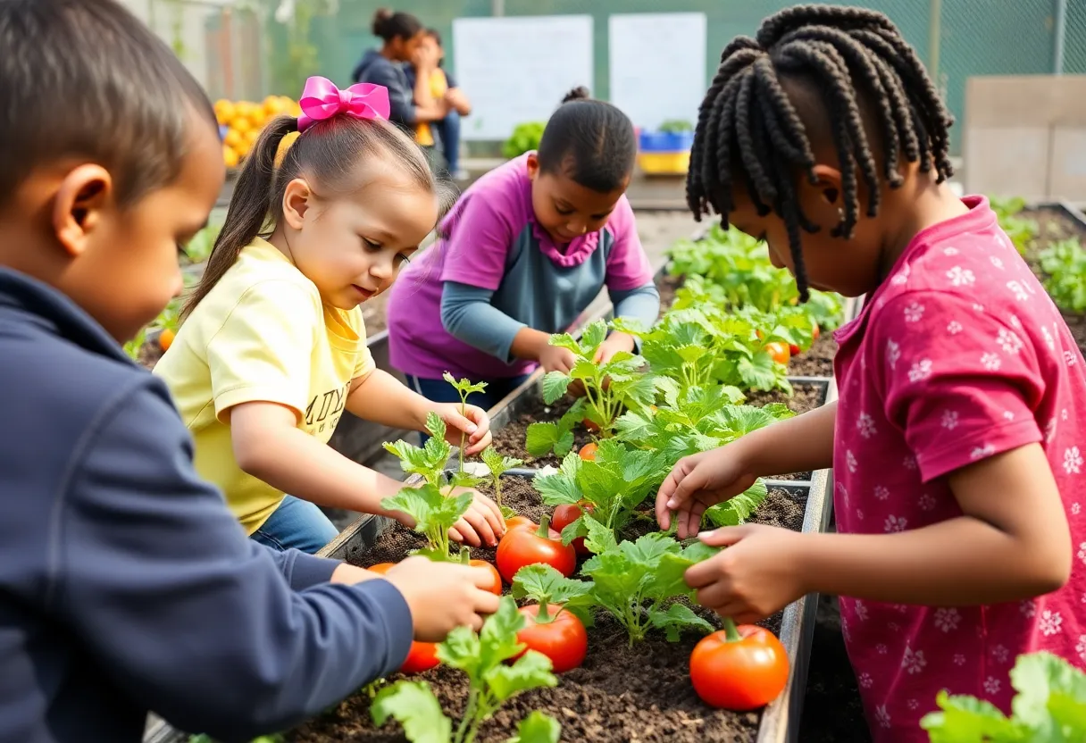 Children engaging in a school garden project, planting vegetables.