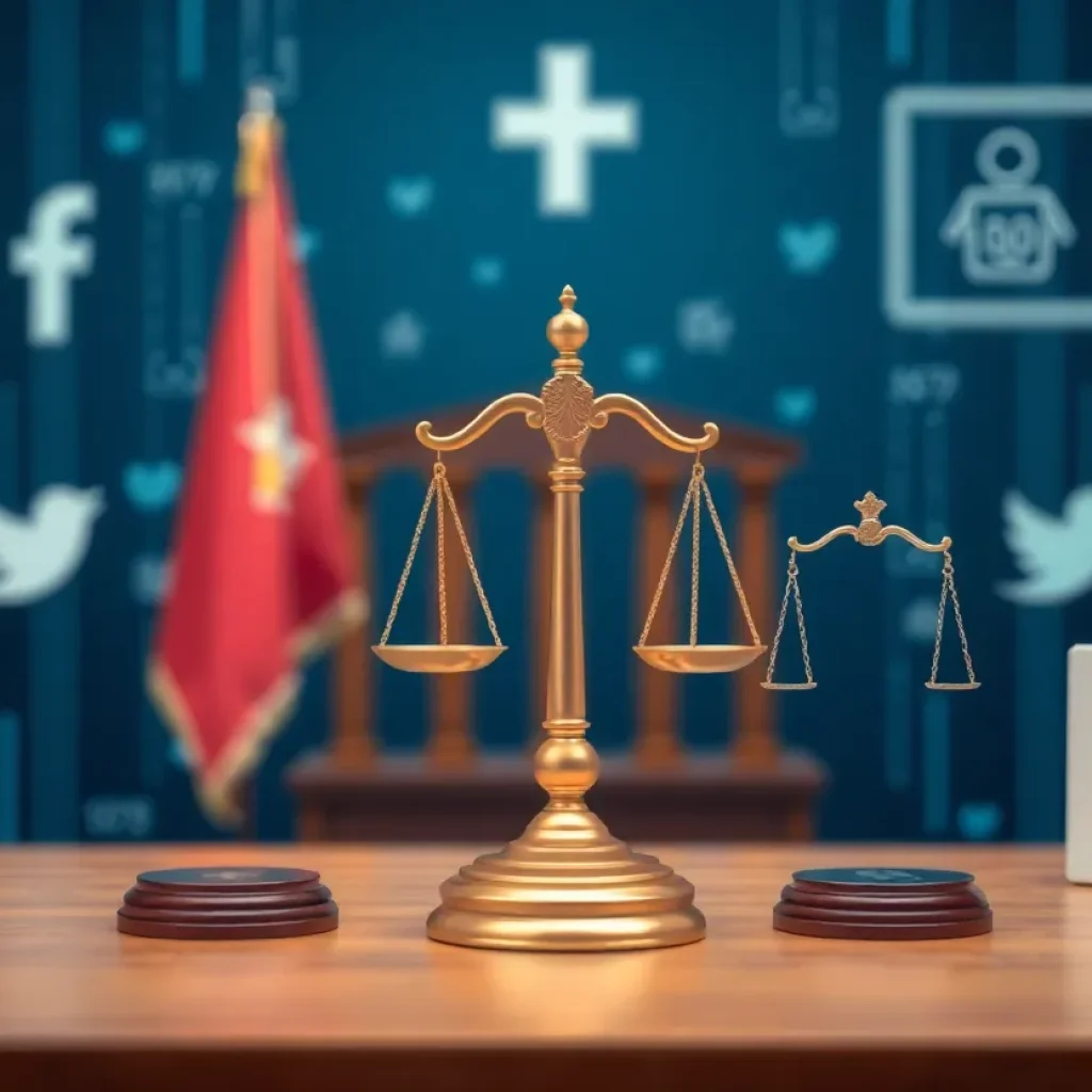 Abstract illustration of legal scales and social media icons representing lawsuit against account suspensions