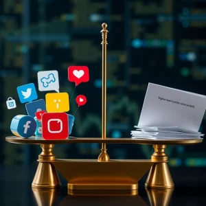 Abstract illustration of scales balancing social media icons and legal documents, representing online identity legal issues.