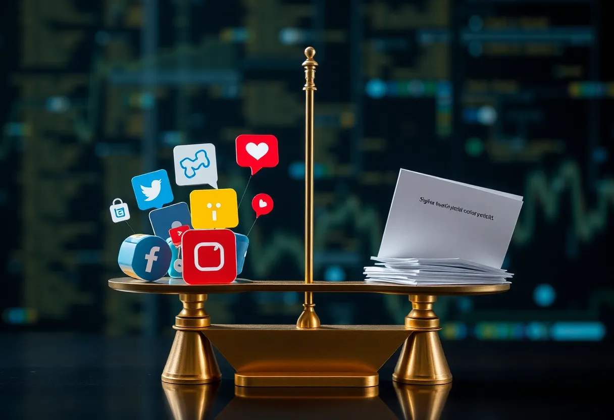 Abstract illustration of scales balancing social media icons and legal documents, representing online identity legal issues.