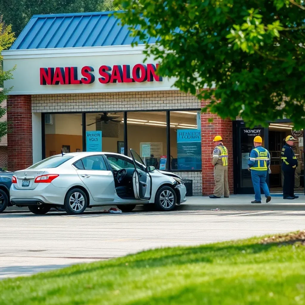 Motor vehicle collision outside a nail salon causing property damage with emergency responders on site