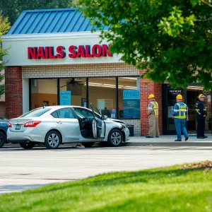Motor vehicle collision outside a nail salon causing property damage with emergency responders on site