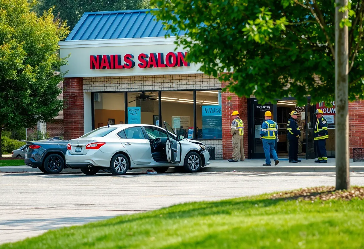 Motor vehicle collision outside a nail salon causing property damage with emergency responders on site