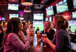 A lively atmosphere in a women-focused sports bar with fans watching women's sports.