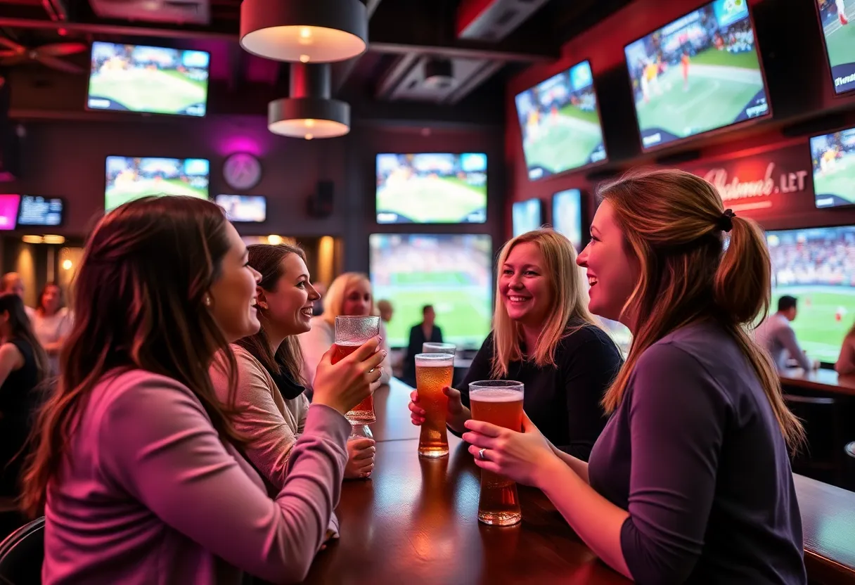 A lively atmosphere in a women-focused sports bar with fans watching women's sports.