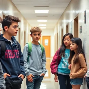 Students discussing in a school hallway