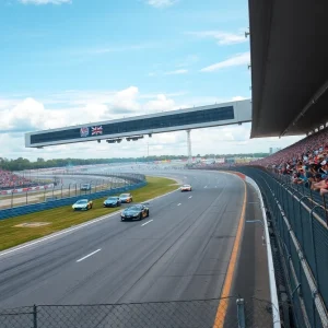Sports cars racing at the Indianapolis Motor Speedway during the TireRack.com Battle on the Bricks.