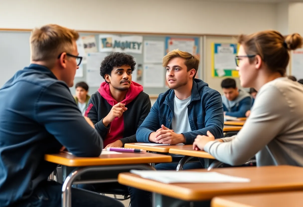 Students discussing civic values in a classroom