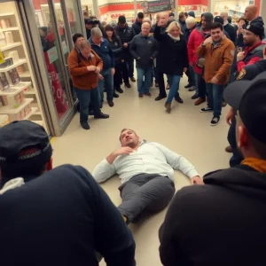 A crowded retail store scene depicting concern over safety and violence at Walmart.