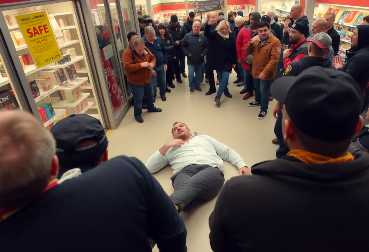 A crowded retail store scene depicting concern over safety and violence at Walmart.