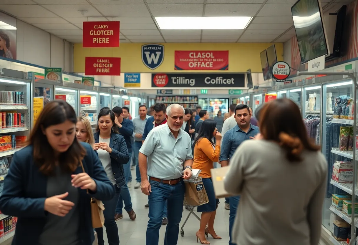chaotic scene inside a retail store with distressed employees and customers after an altercation