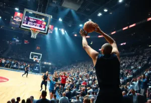 Basketball players competing fiercely on the court during the WNBA semifinals