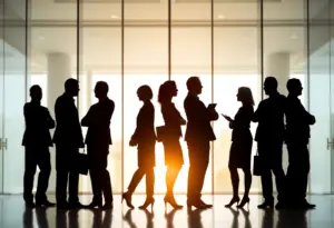 An abstract representation of workplace equality showcasing diverse silhouettes of workers.