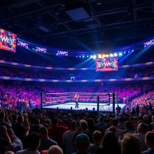 View of the packed arena during Wrestlepalooza with fans cheering.