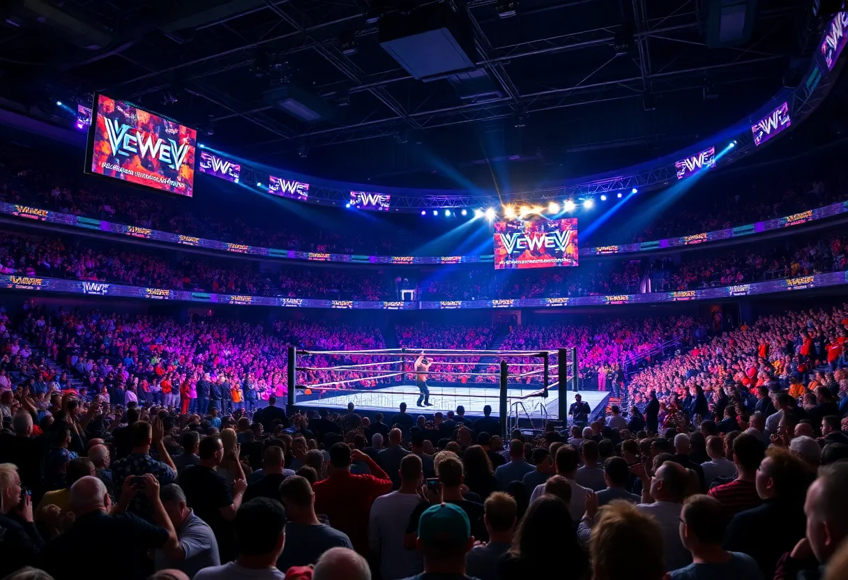 View of the packed arena during Wrestlepalooza with fans cheering.