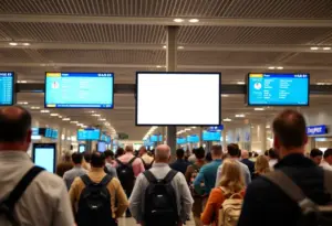 Airport security area with informational screens in a busy transportation hub
