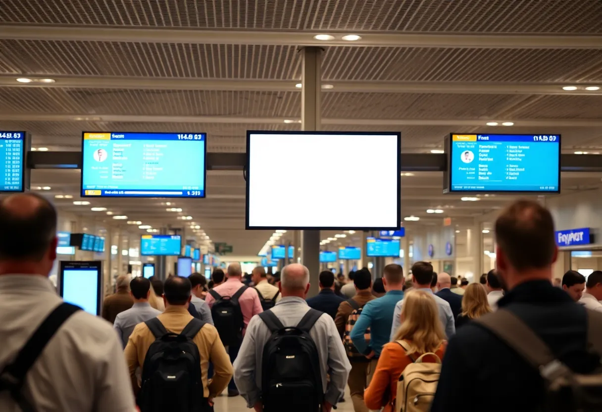 Airport security area with informational screens in a busy transportation hub