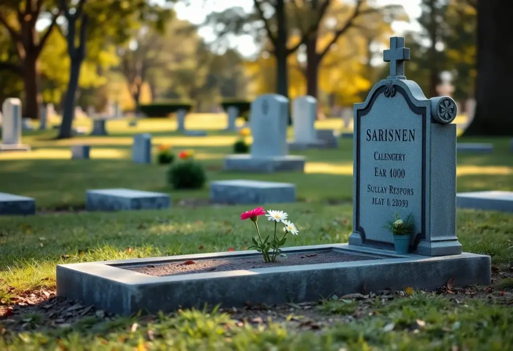 Flowers and a headstone in a peaceful cemetery commemorating Baby Haven