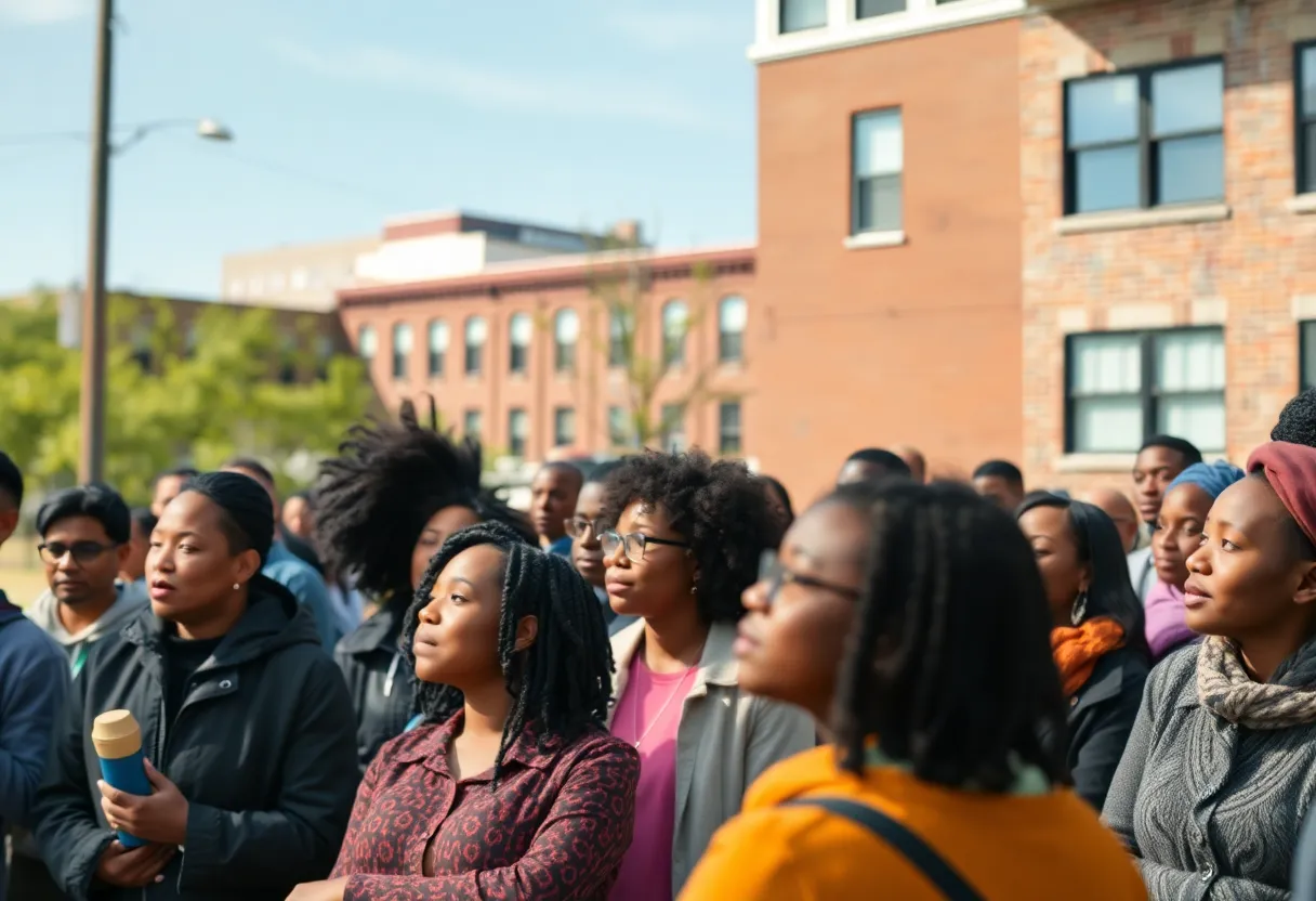 Residents discussing urban development concerns at a community meeting in Baltimore.