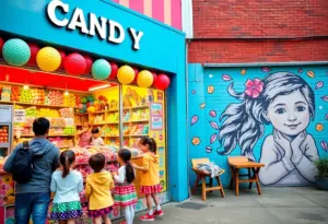 Exterior view of Charlii Chewz candy store with children