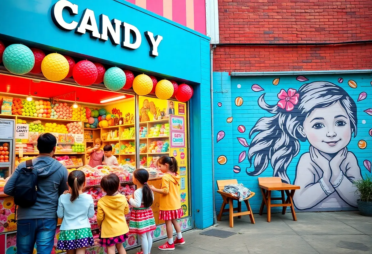 Exterior view of Charlii Chewz candy store with children