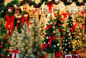 Storefront displaying limited Christmas decoration supplies