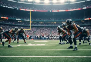 Football players practicing defensive formations on the field