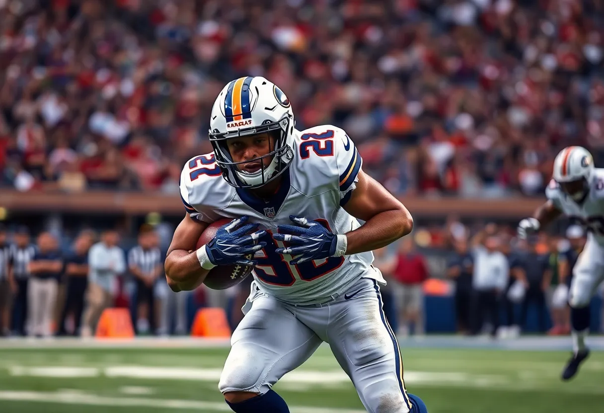 Football linebacker in action on the field during a game