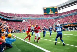 Colts and Cardinals football players in action at Lucas Oil Stadium