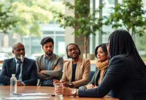 Community members engaging in a discussion about journalism and transparency in a modern meeting space.
