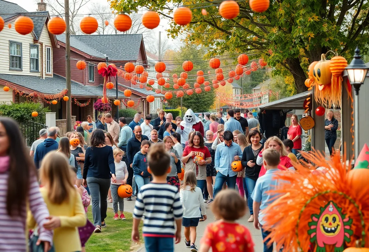 Festive community celebrating Halloween with decorations and children in costumes