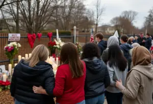 Community gathering with memorial candles and people supporting each other outdoors