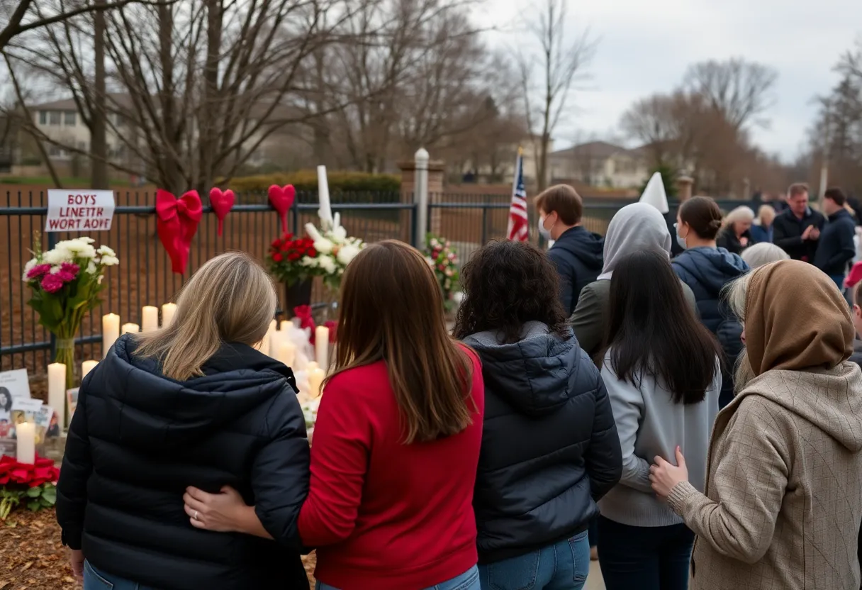 Community gathering with memorial candles and people supporting each other outdoors