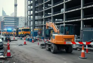 Scene of a construction site with emergency services