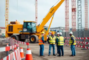 Construction workers on site practicing safety measures with heavy machinery.