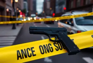 Police tape cordoning off an urban crime scene with evidence markers and a cityscape in the background