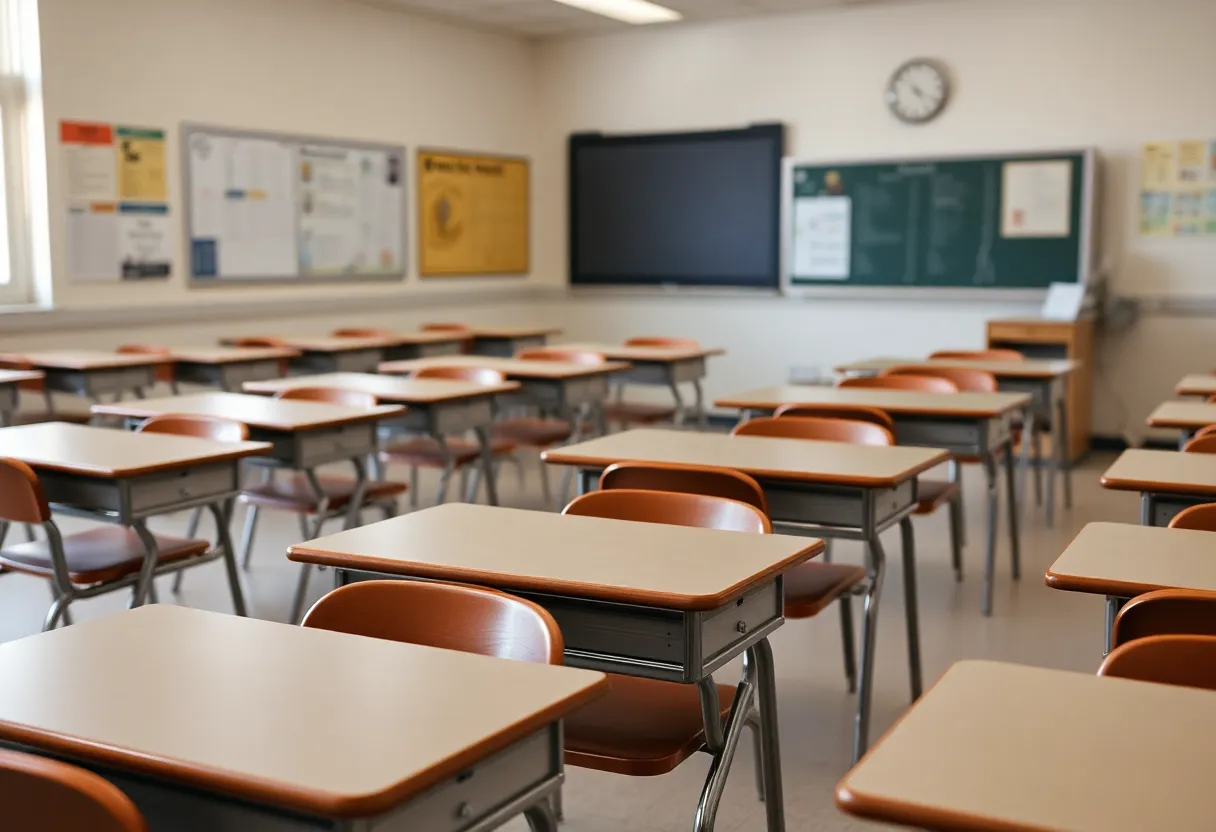 An empty classroom representing concerns about school closures.