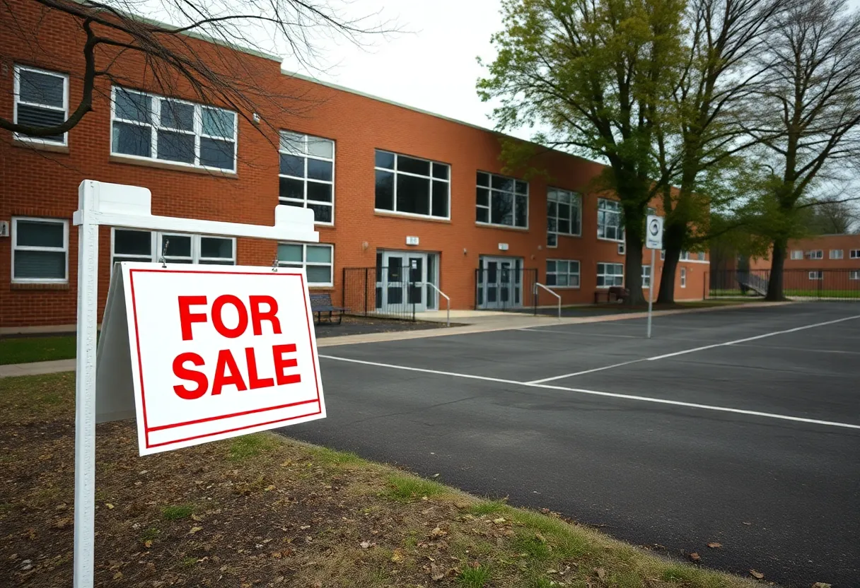 Evanston school building with a 'For Sale' sign and empty playground