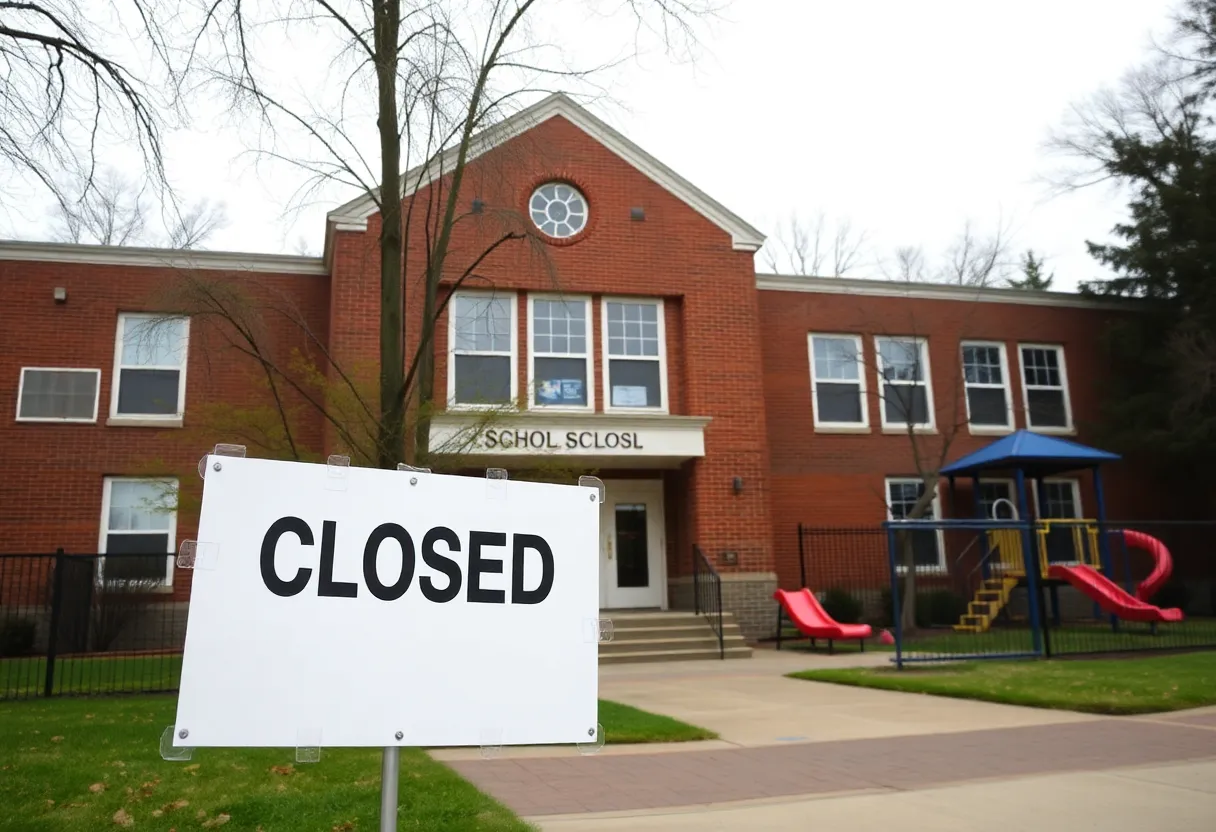 Illustration of a school closure sign in front of an elementary school