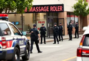 Police officers conducting raid at massage parlor in Fishers, Indiana